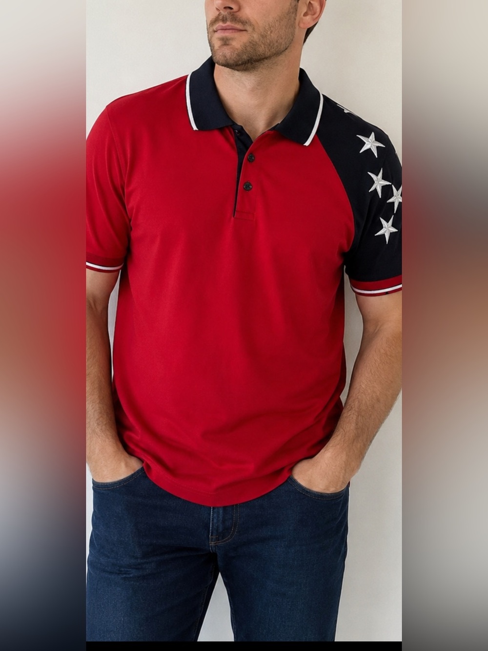 4th of July USA Flag Patriotic Polo Shirt Men’s L Red Black Stars